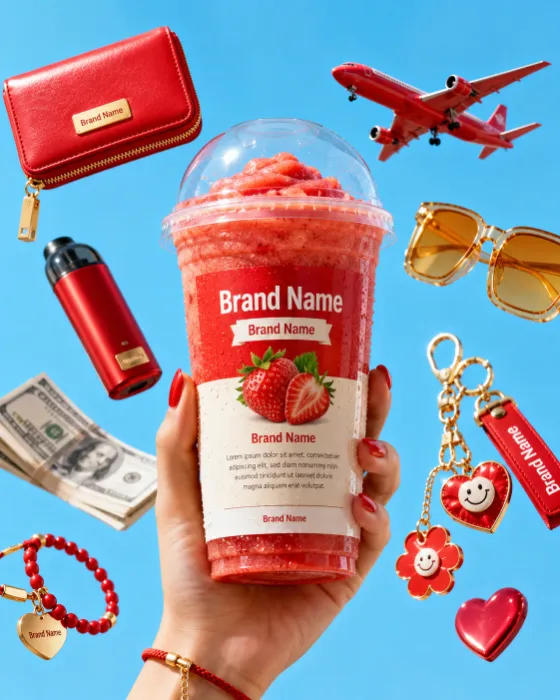 Frozen takeaway beverage with colorful accessories in a modern commercial studio composition.