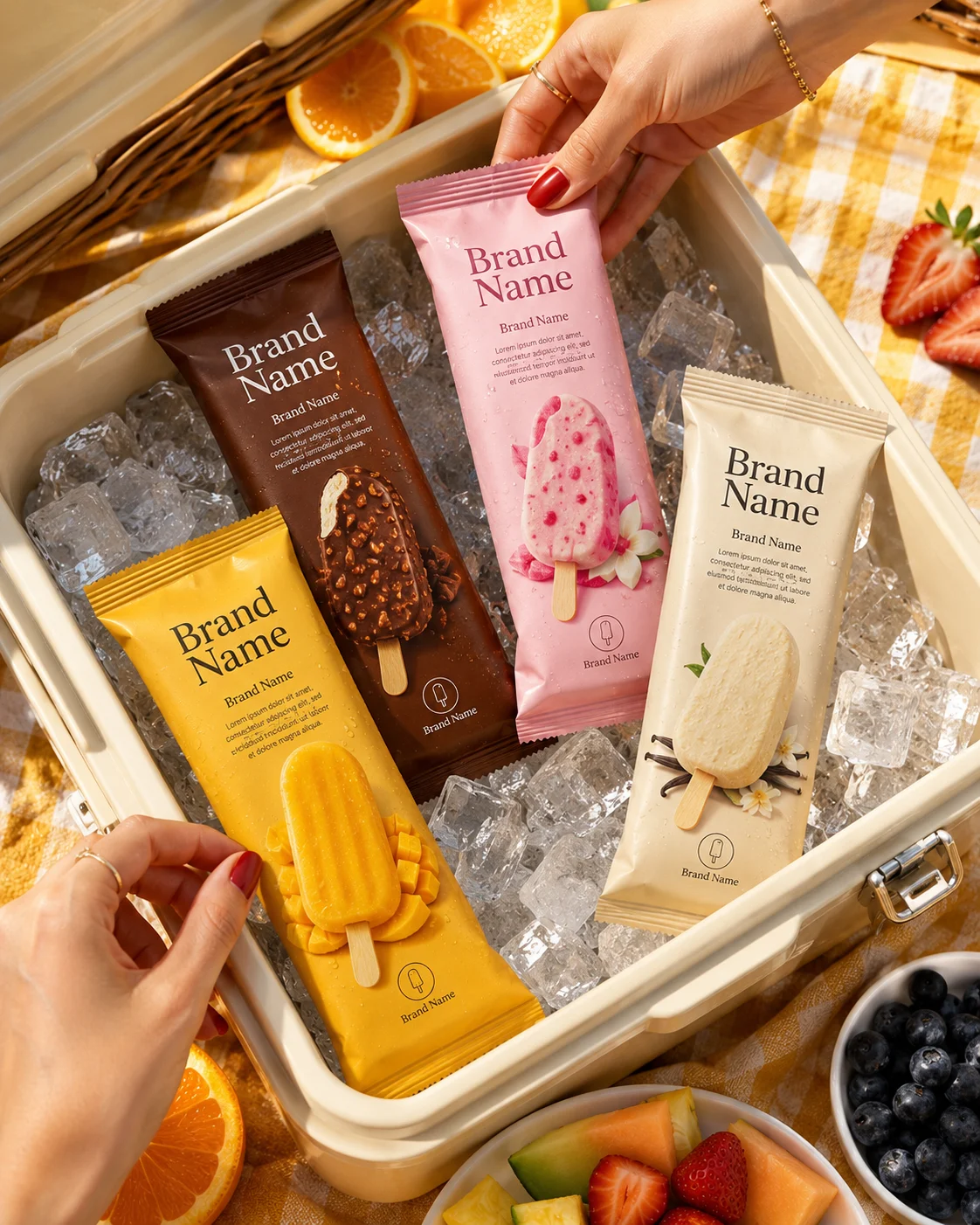 Premium frozen dessert packages displayed in an ice-filled cooler with fresh fruit in a bright summer picnic setting.