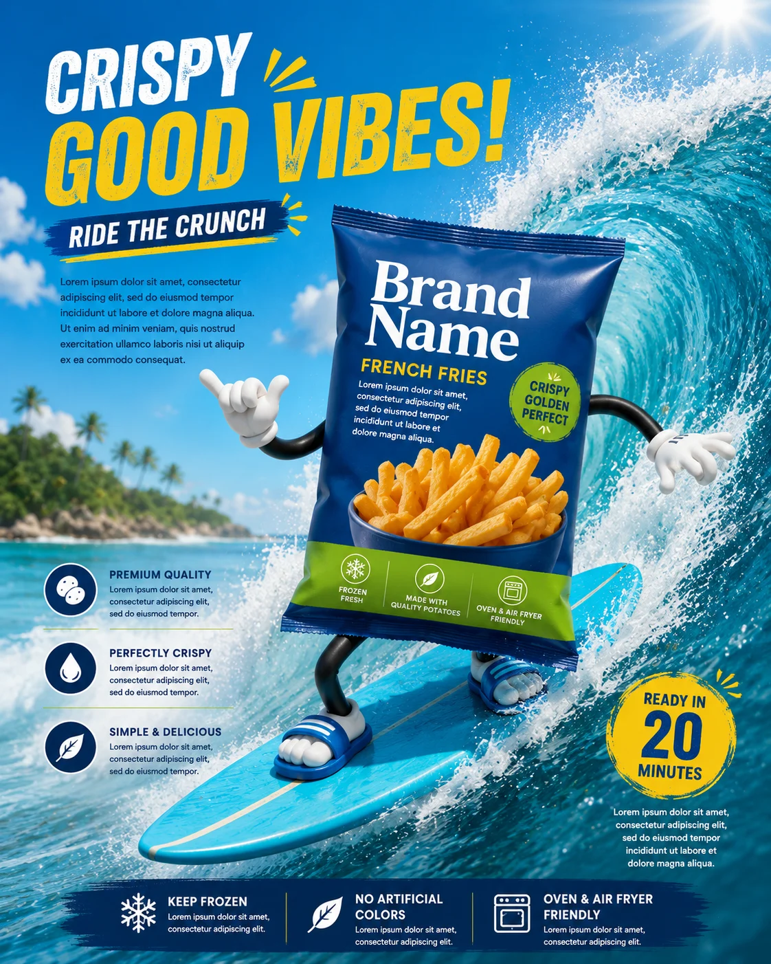 Commercial frozen food advertisement featuring a surfing fries package mascot on an ocean wave.