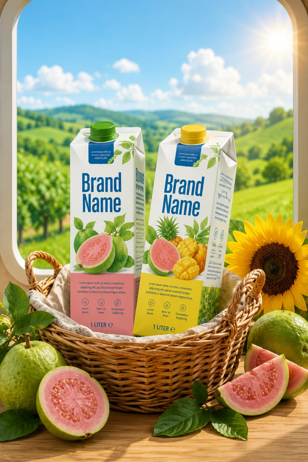 Premium fruit beverage cartons with fresh guava in a countryside lifestyle setting.