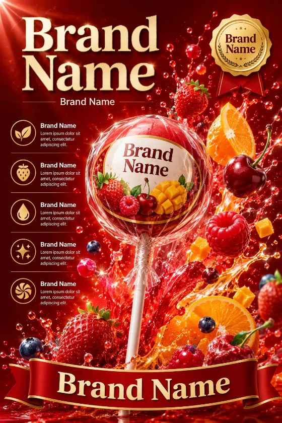 Luxury fruit-flavored lollipop with colorful fruit splash effects in a premium commercial poster.