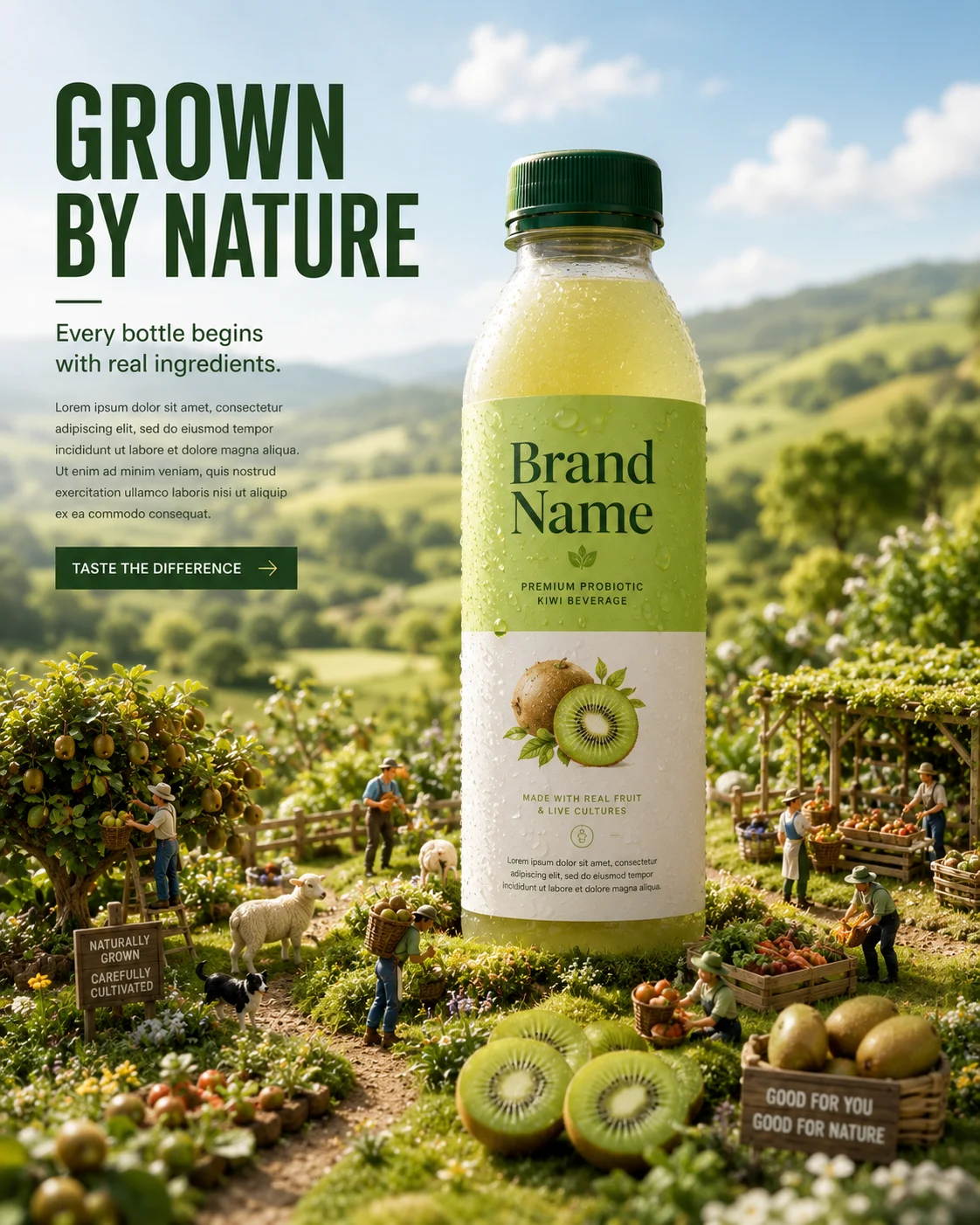 Functional beverage bottle surrounded by a miniature farm with tiny farmers and fresh produce.