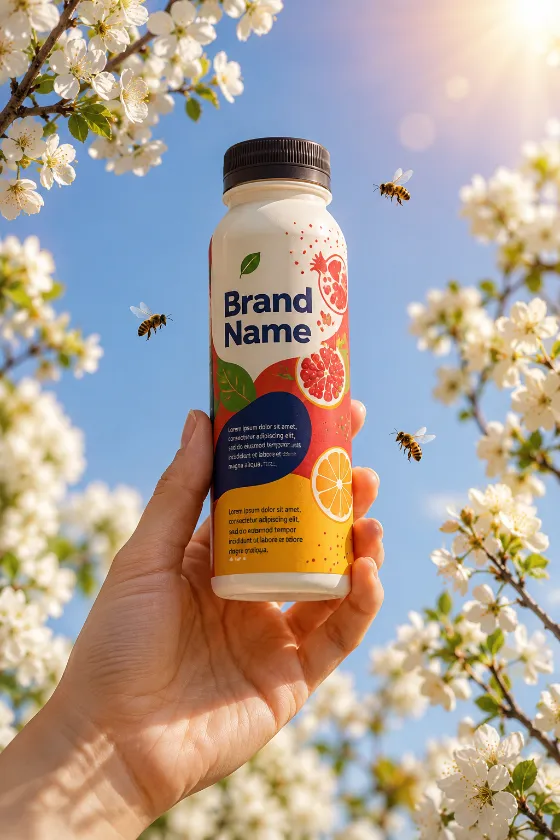 A hand holding a wellness drink bottle with a pomegranate and citrus label under blossoming branches with honeybees.