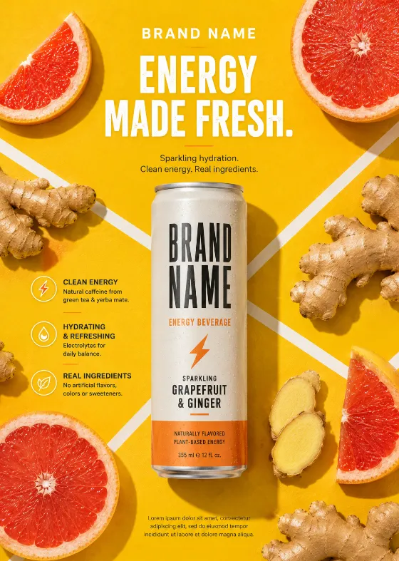 A premium aluminum energy beverage can surrounded by fresh grapefruit slices and ginger on a vibrant yellow geometric background.