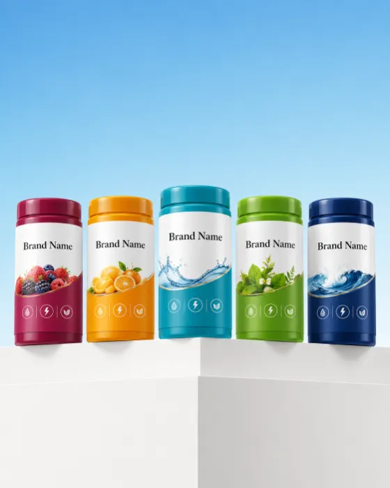 Commercial studio photograph of five premium hydration supplement containers arranged in a coordinated product family display.