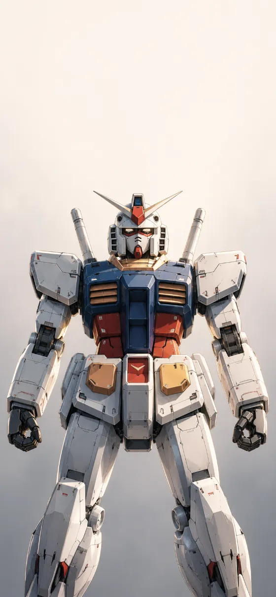 Front-facing futuristic humanoid mecha with blue, white and red armor against a clean minimal background.