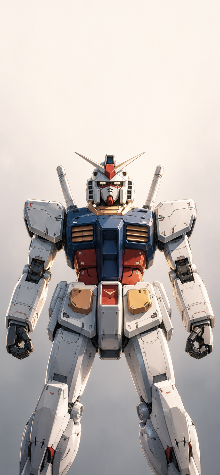 Front-facing futuristic humanoid mecha with blue, white and red armor against a clean minimal background.