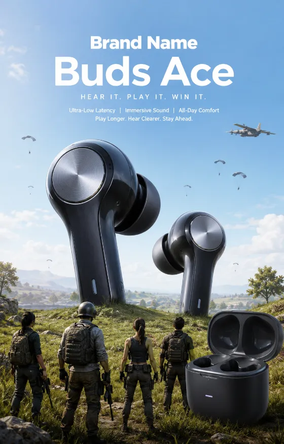 Large wireless earbuds towering above a grassy landscape with four generic tactical characters and an open charging case.