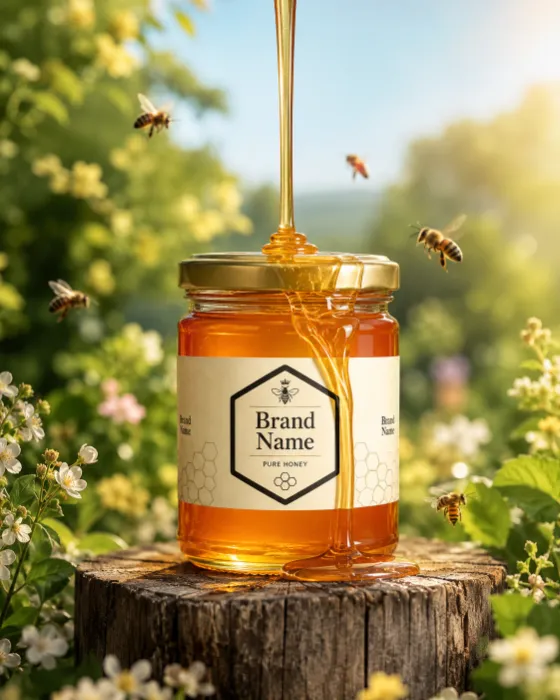 Luxury commercial photograph of a premium honey jar with flowing honey and bees outdoors.