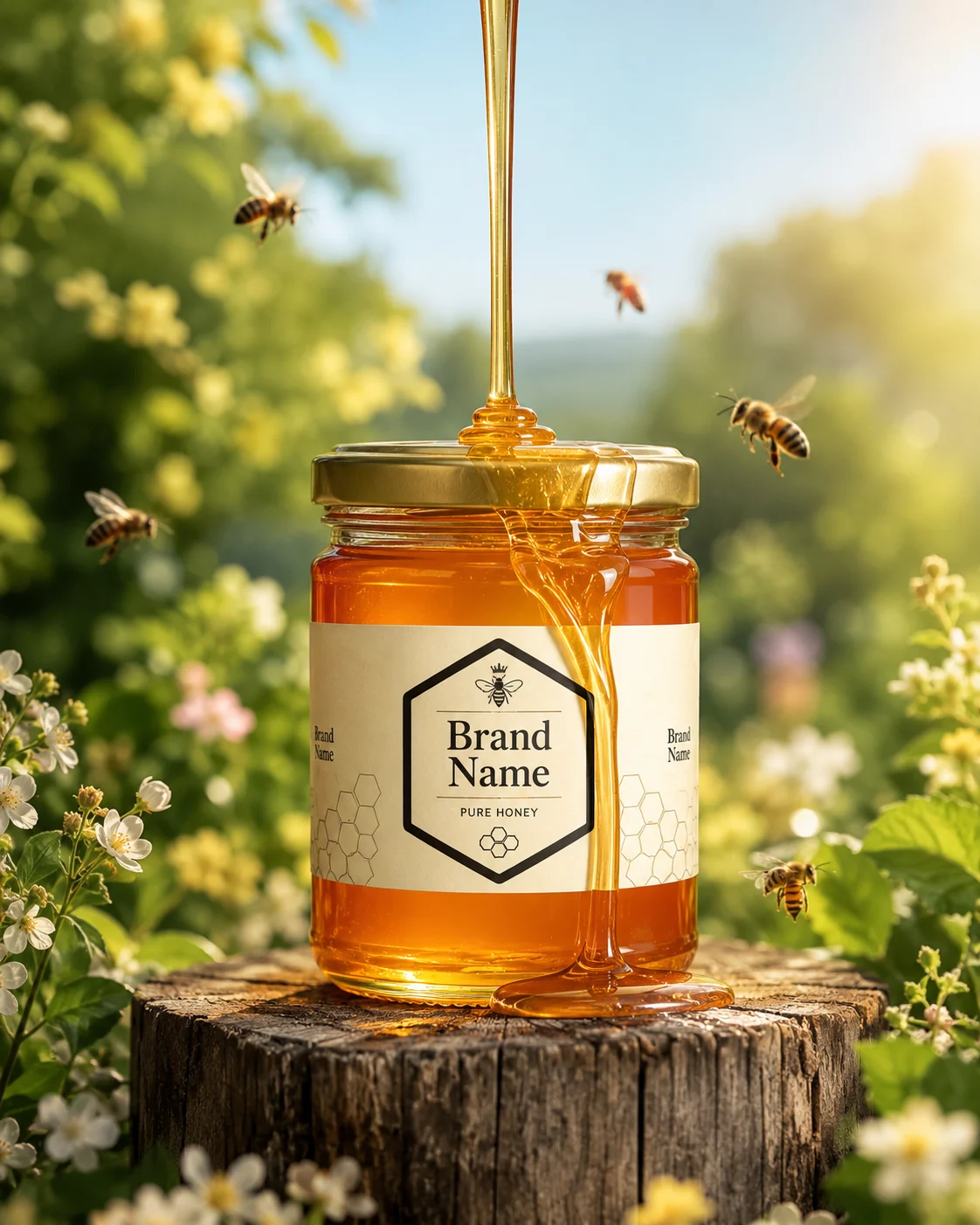 Luxury commercial photograph of a premium honey jar with flowing honey and bees outdoors.