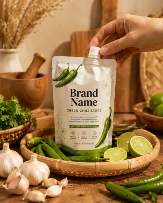 Commercial food product photograph featuring premium chili sauce packaging with fresh herbs, garlic, and citrus.