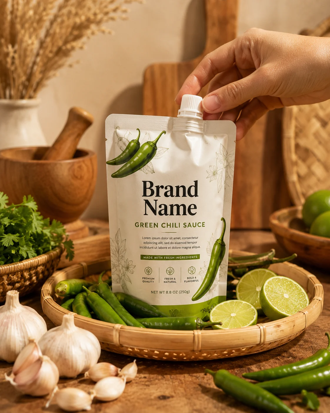 Commercial food product photograph featuring premium chili sauce packaging with fresh herbs, garlic, and citrus.