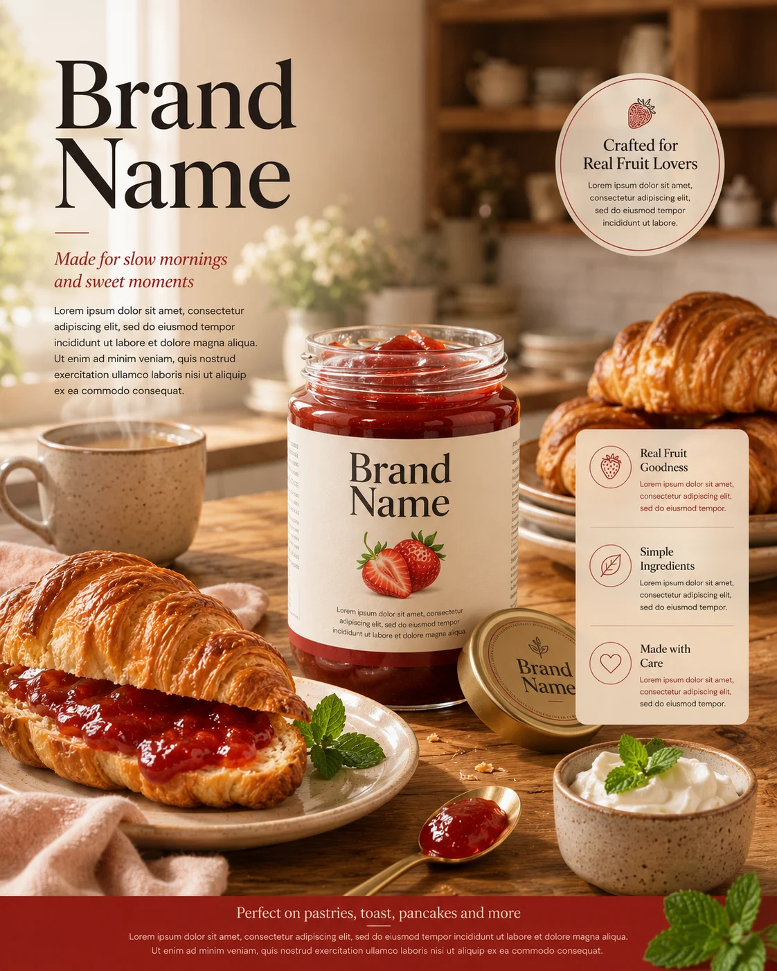 Commercial breakfast advertisement featuring a premium fruit spread jar with croissant and warm kitchen atmosphere.