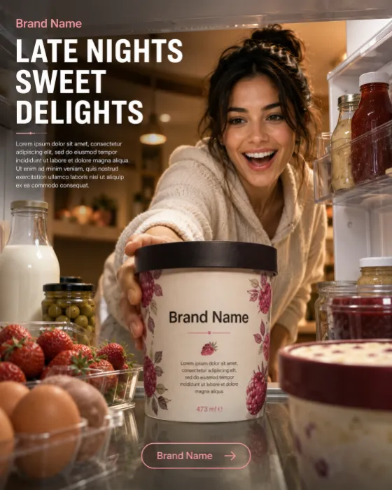 Premium gourmet gelato inside a refrigerator with a smiling woman reaching toward the dessert in a warm kitchen.