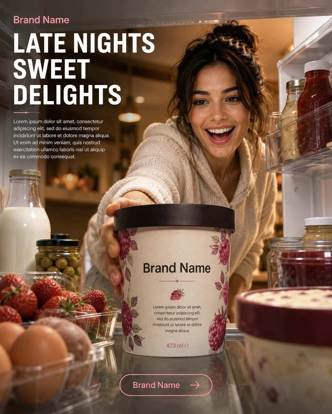 Premium gourmet gelato inside a refrigerator with a smiling woman reaching toward the dessert in a warm kitchen.