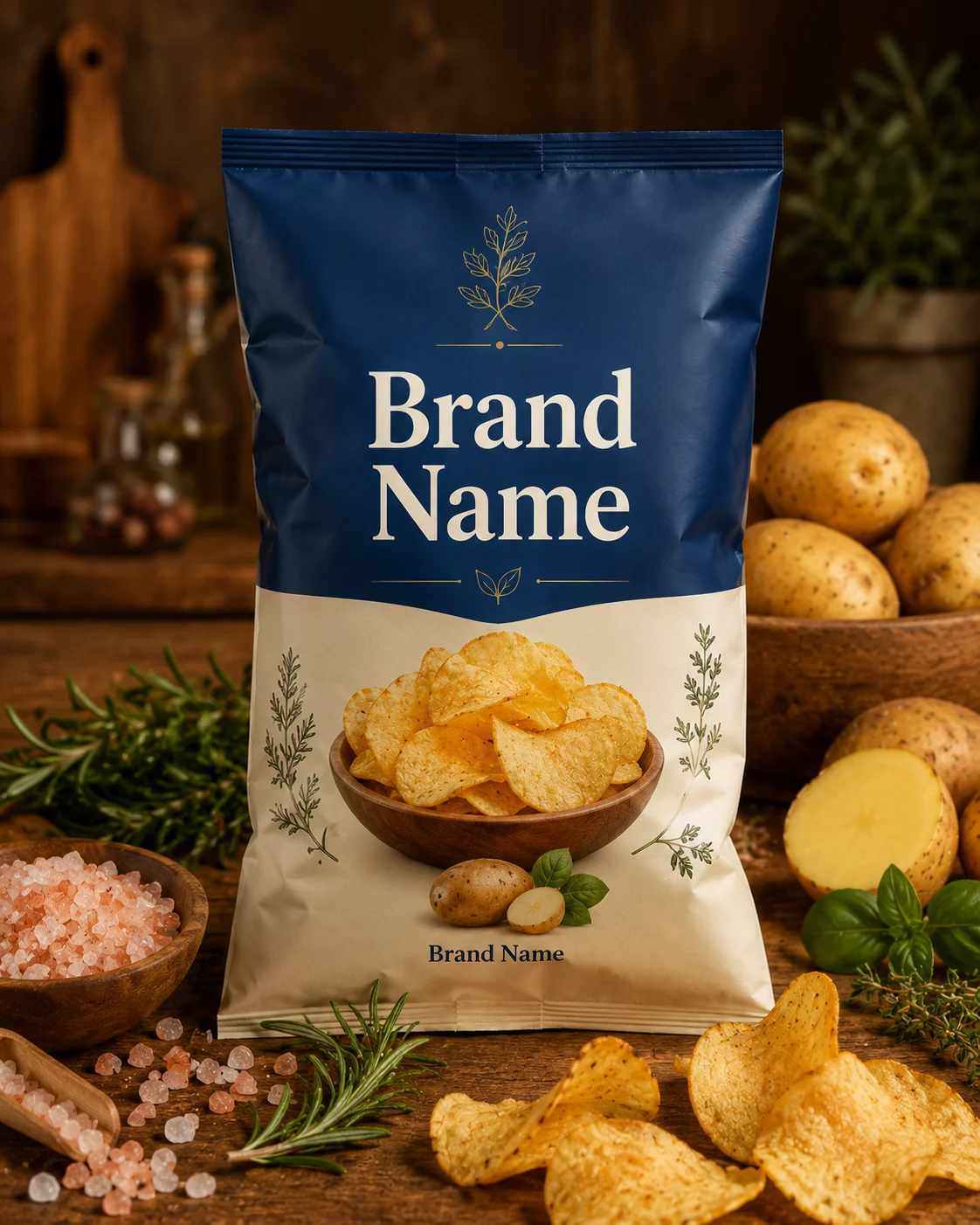 Premium gourmet potato chip packaging styled with fresh herbs and rustic food ingredients.