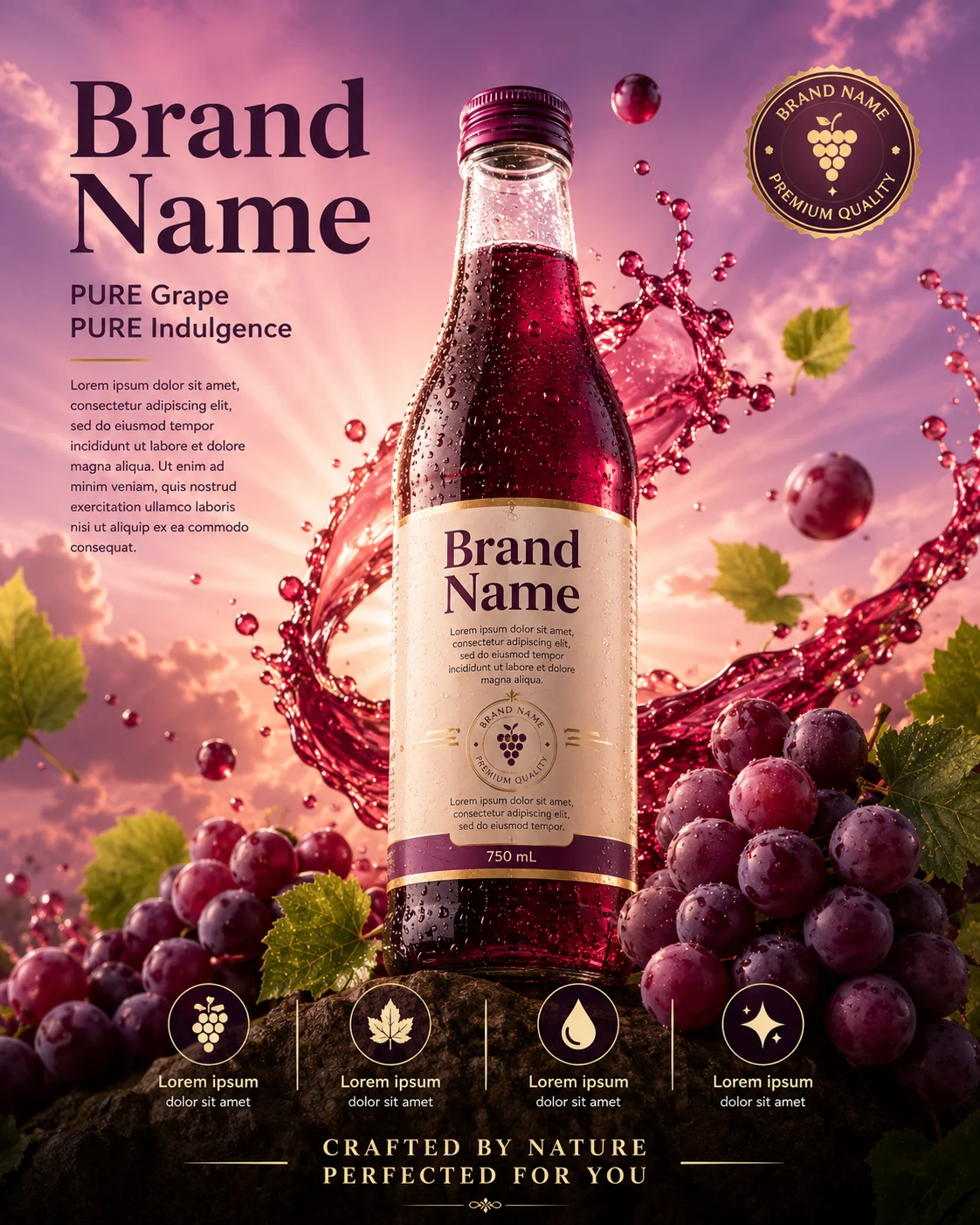 Luxury grape beverage bottle displayed with fresh grapes and premium splash effects.