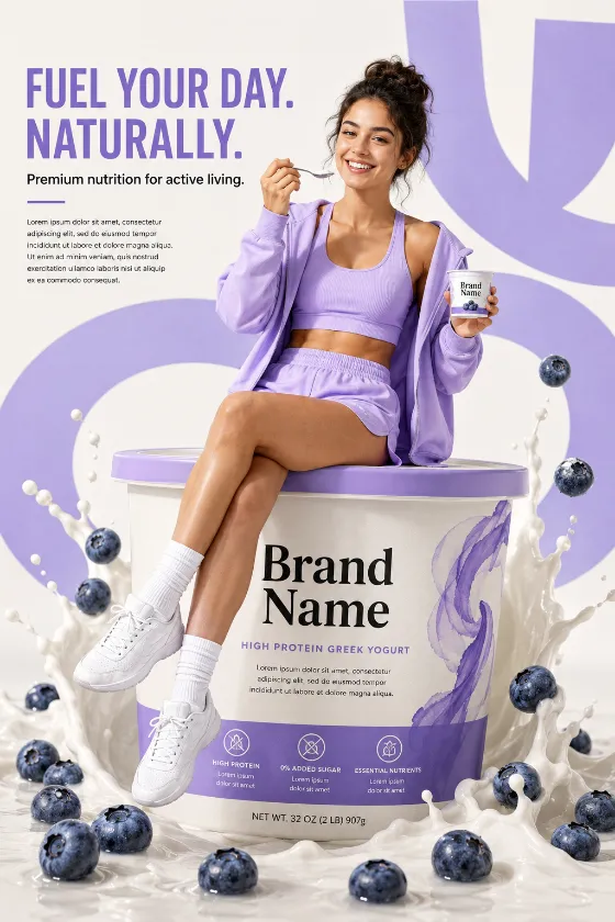 Commercial lifestyle photograph featuring premium Greek yogurt packaging and healthy fitness-inspired styling.
