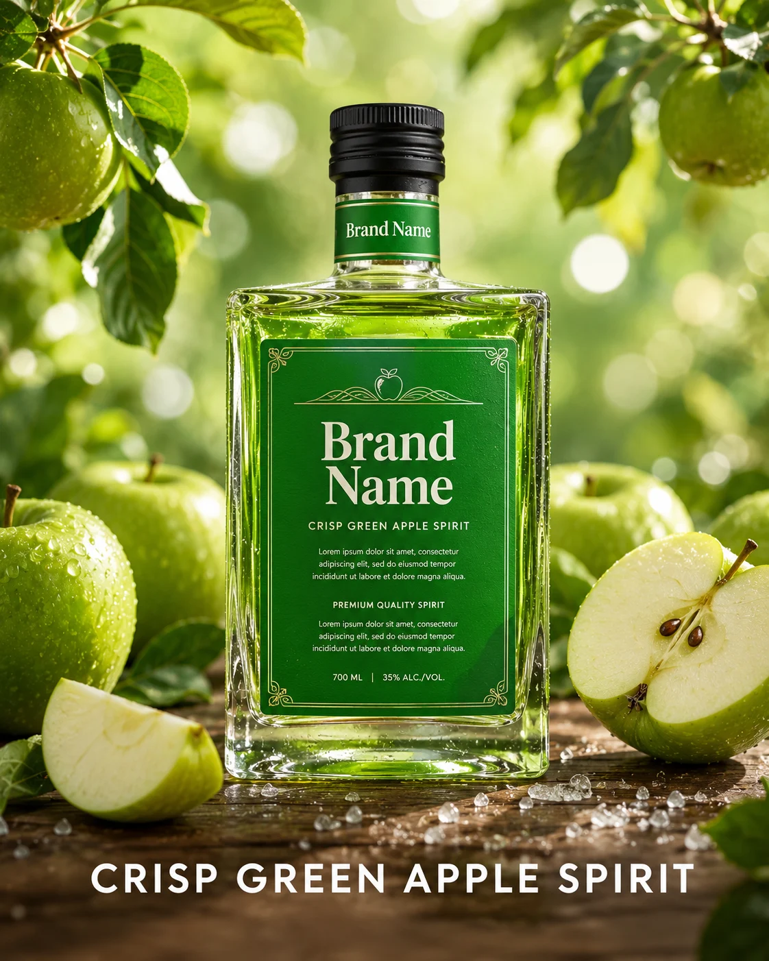 Commercial beverage product photograph featuring premium green apple spirit packaging with fresh orchard styling.