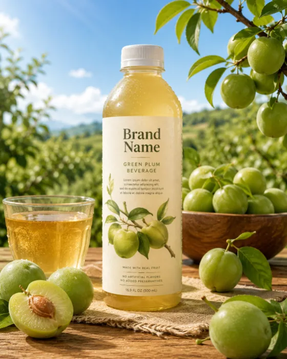 Premium green plum beverage bottle displayed on a wooden table surrounded by fresh plums in a bright orchard.