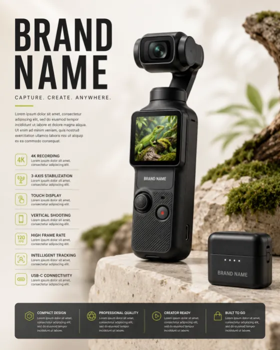 Premium handheld stabilized camera in a minimalist commercial studio with editorial typography panels and moss accents.