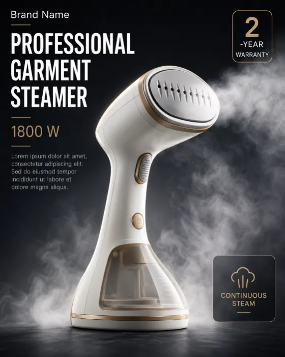 Luxury handheld garment steamer photographed in a premium studio with dramatic steam effects.