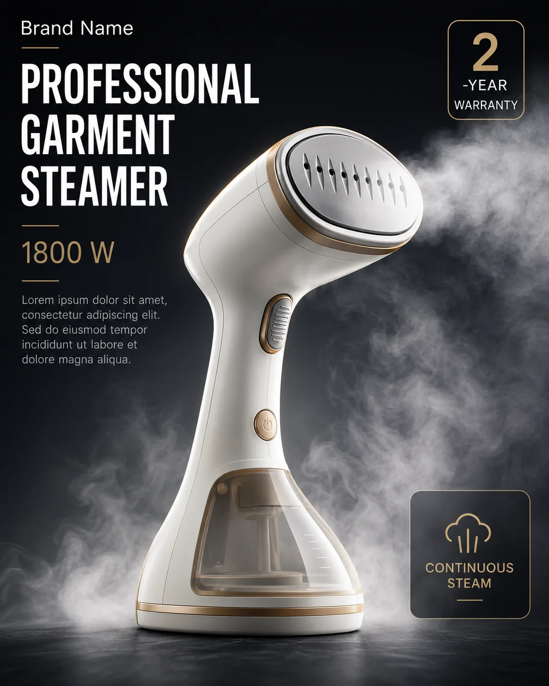 Luxury handheld garment steamer photographed in a premium studio with dramatic steam effects.