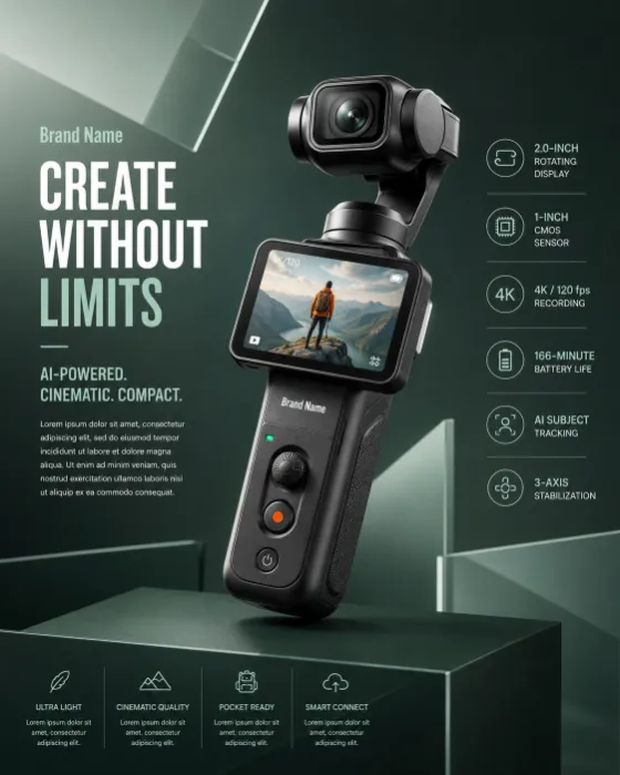 Luxury handheld gimbal camera with premium industrial design in a geometric studio setting.
