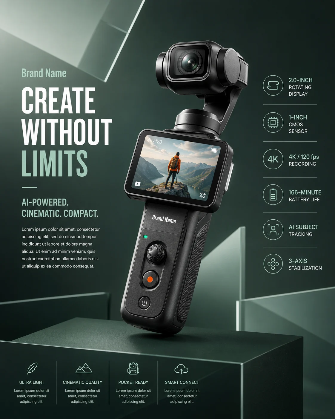 Luxury handheld gimbal camera with premium industrial design in a geometric studio setting.