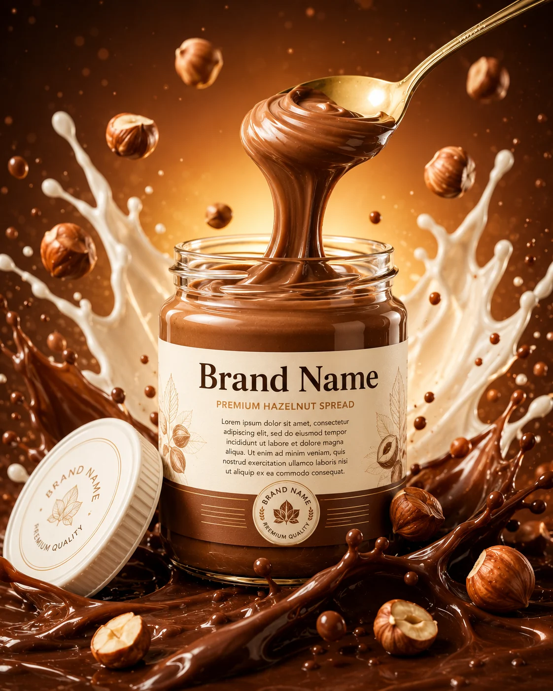 Luxury hazelnut spread displayed with dramatic chocolate splashes and roasted hazelnuts in a premium studio.