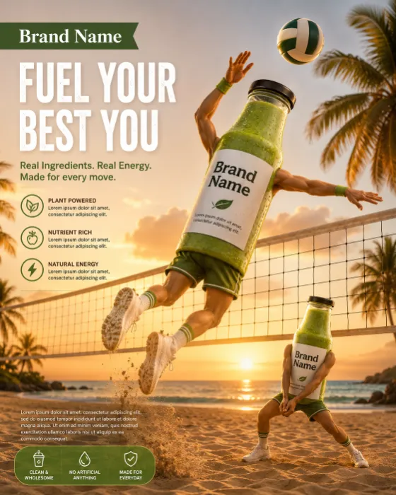 Two premium smoothie bottles with human limbs playing beach volleyball on a tropical beach during sunset.
