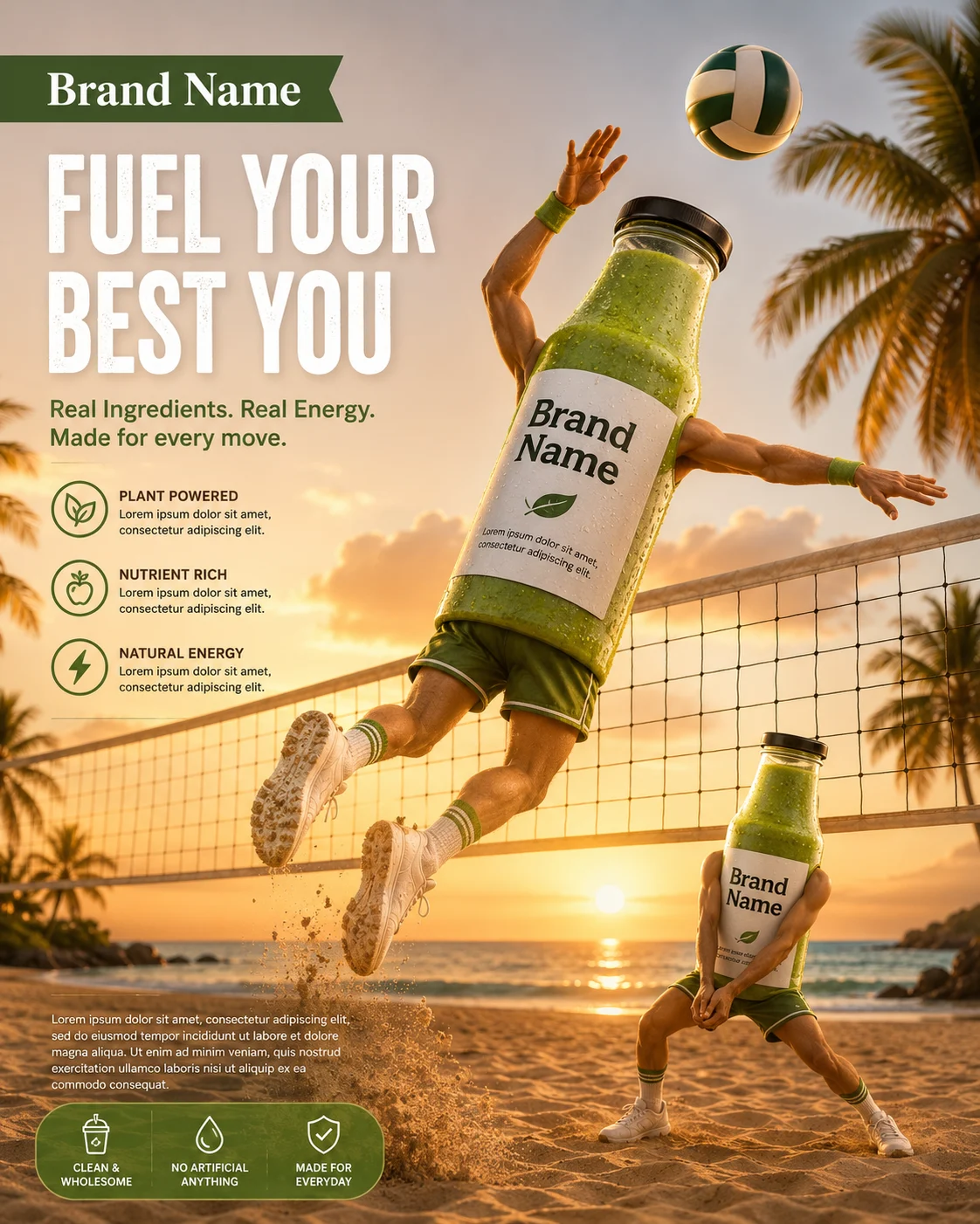 Two premium smoothie bottles with human limbs playing beach volleyball on a tropical beach during sunset.