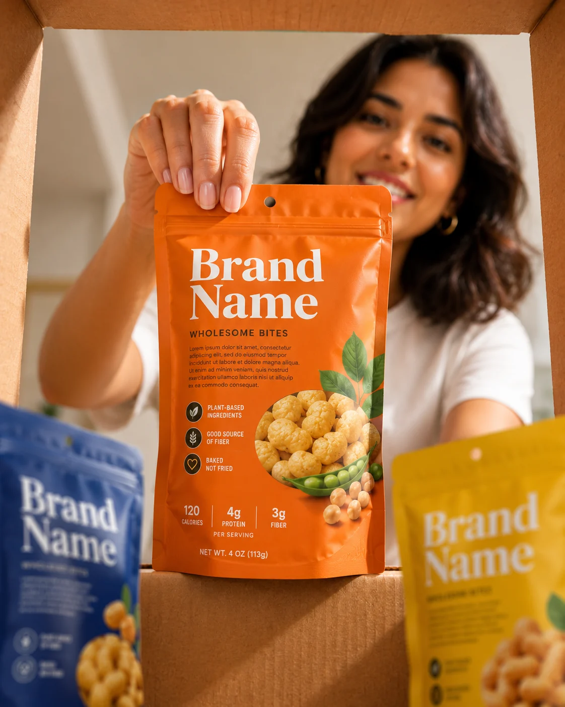 woman product visual in branding poster, shown with clean commercial styling