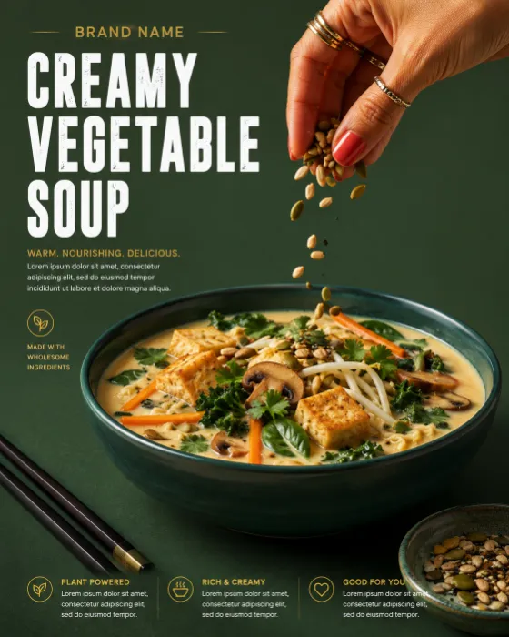 Luxury commercial food poster featuring creamy vegetable soup in a ceramic bowl with a hand sprinkling seeds.