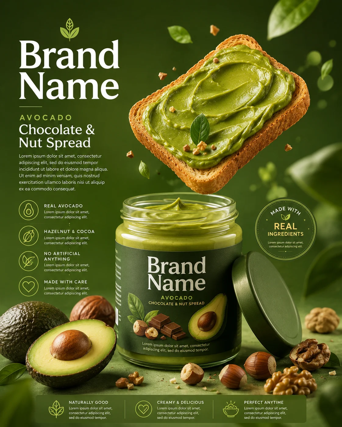 Premium glass jar of avocado spread with floating toast, avocado halves, walnuts, and hazelnuts on a botanical green studio background.