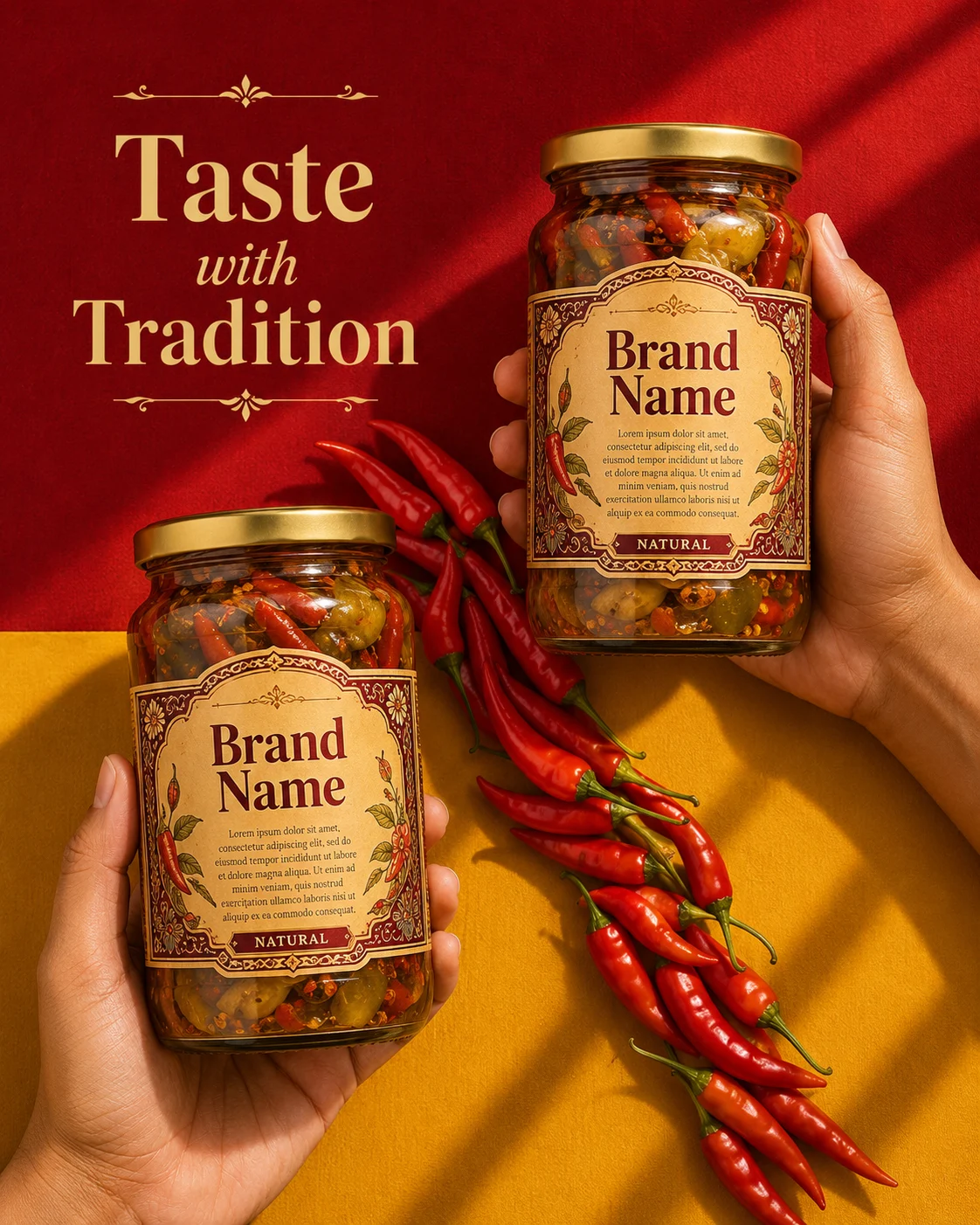 Two premium pickle jars with heritage labels held by hands, fresh red chilies cascading, on a red and mustard backdrop.