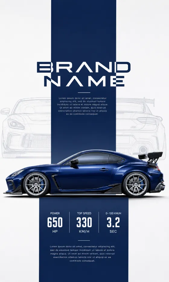 Minimal premium sports coupe advertising poster with technical editorial styling.