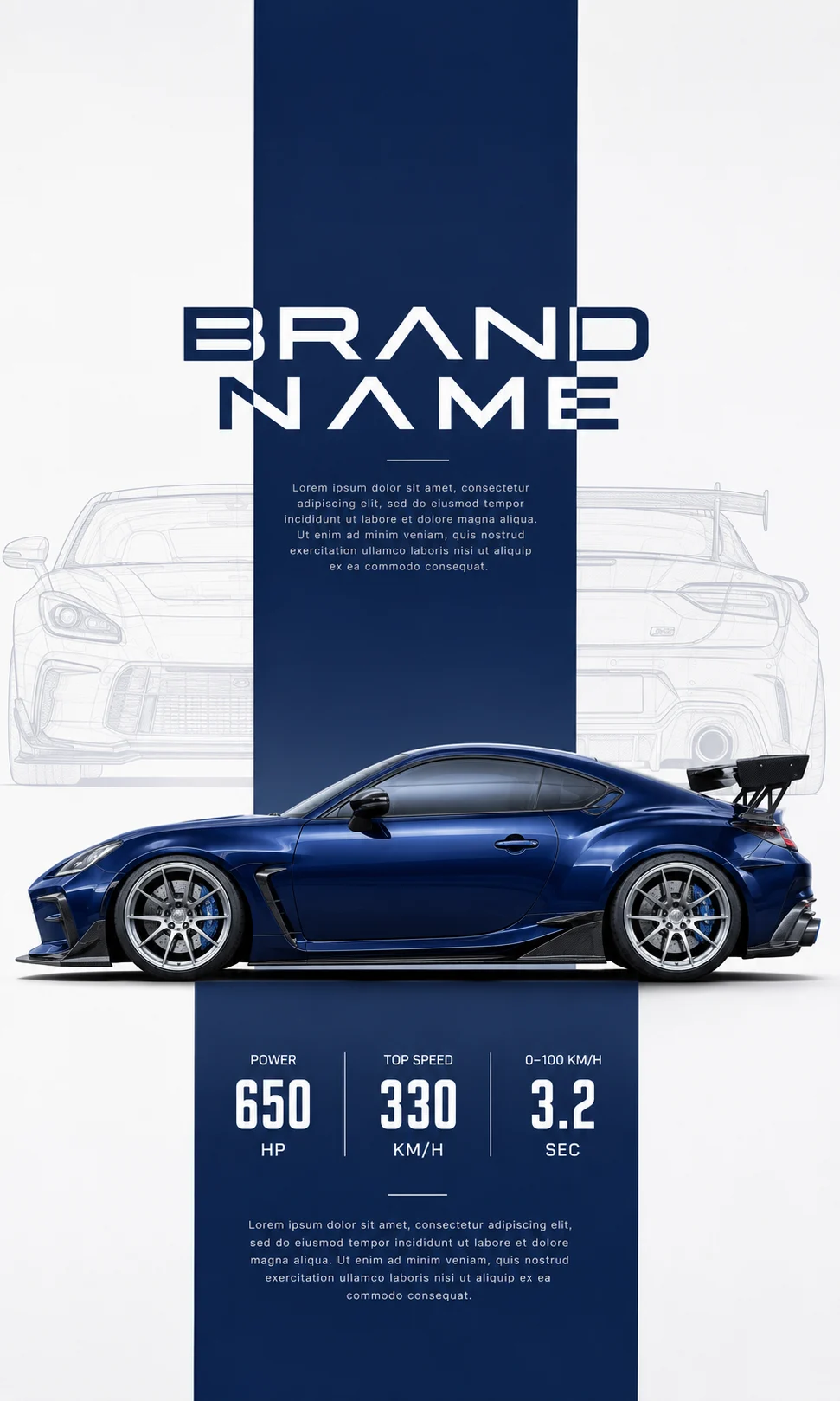 Minimal premium sports coupe advertising poster with technical editorial styling.