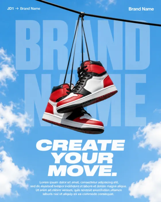 Original red, white, and black high-top sneakers hanging from an overhead wire against a blue sky with clouds.