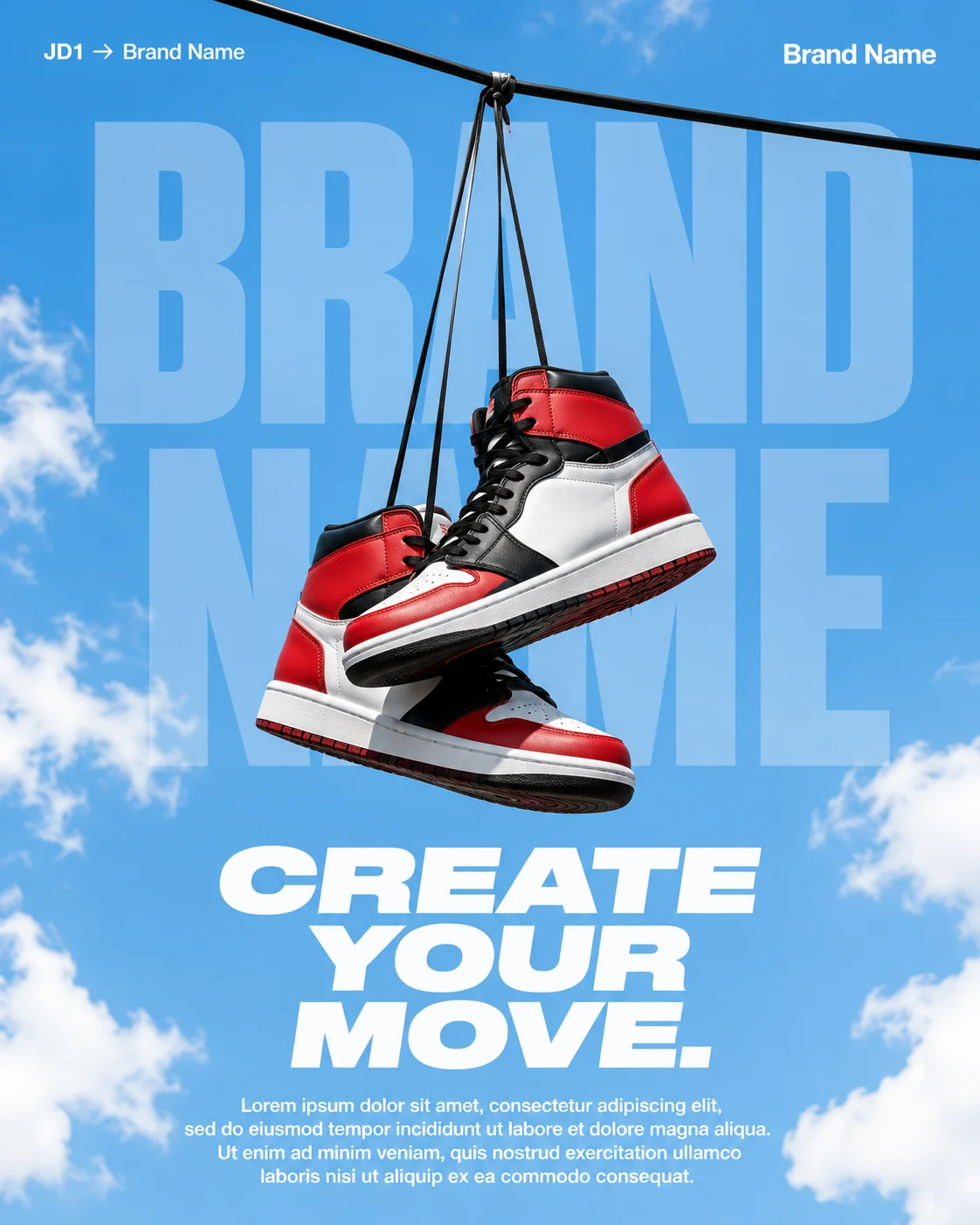 Original red, white, and black high-top sneakers hanging from an overhead wire against a blue sky with clouds.