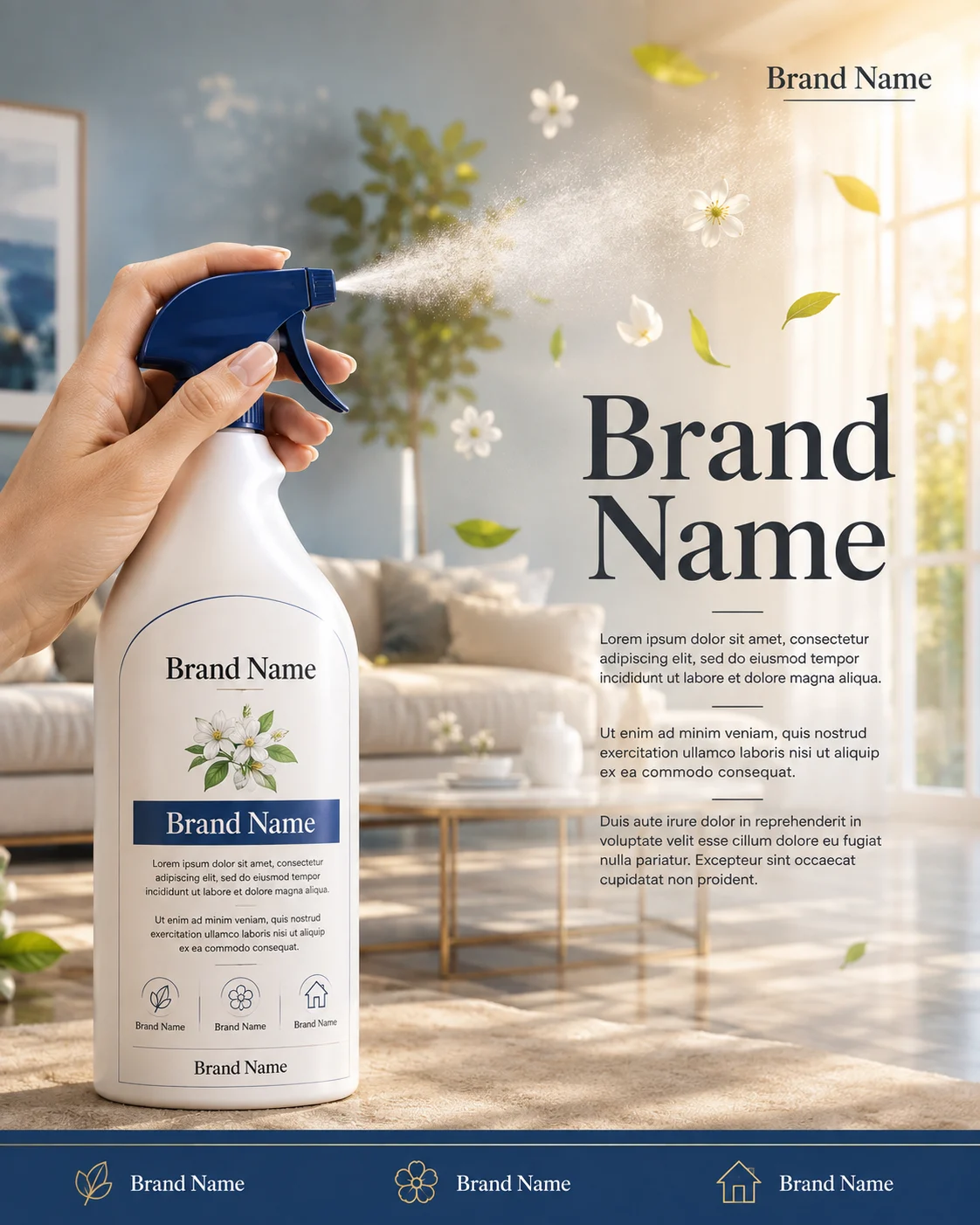 Hand holding a white air freshener spray with navy trigger in a bright modern living room with floating blossoms and greenery.