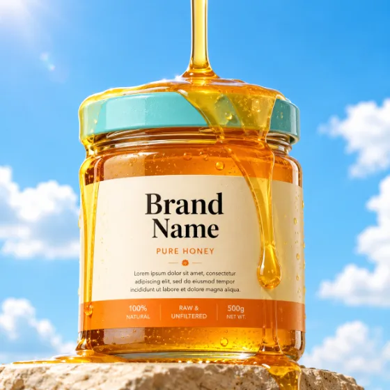 Premium glass honey jar with golden honey pouring over the lid against a bright blue sky.