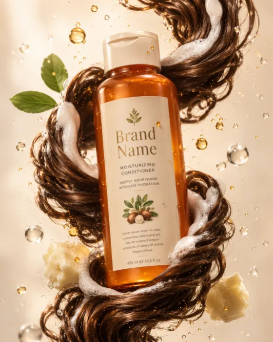 A premium amber conditioner bottle wrapped in glossy hydrated curls and creamy foam on a warm ivory background.