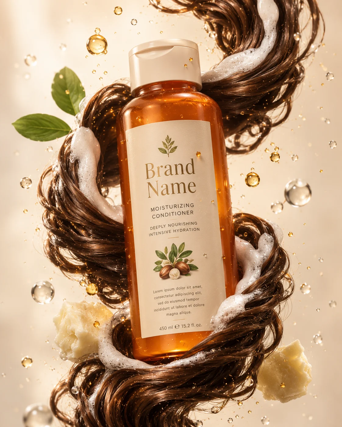 A premium amber conditioner bottle wrapped in glossy hydrated curls and creamy foam on a warm ivory background.