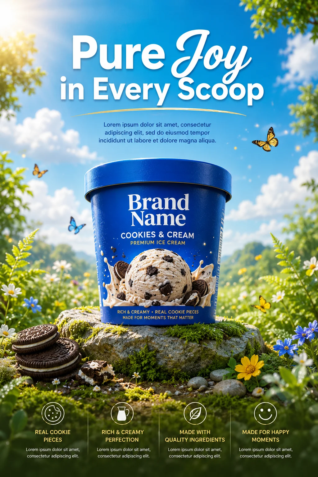 A premium cookies-and-cream ice cream cup with Brand Name packaging on a mossy stone in a magical garden with blue sky and butterflies.