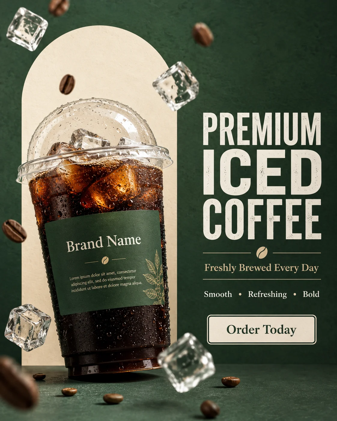 Commercial advertising poster showing a premium iced coffee cup with floating coffee beans and modern editorial styling.