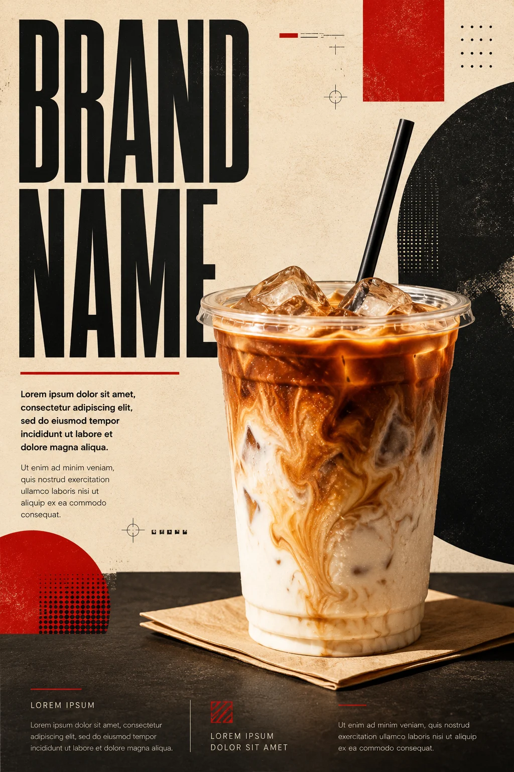 Premium commercial coffee advertisement featuring an iced latte with dramatic espresso and milk swirls.