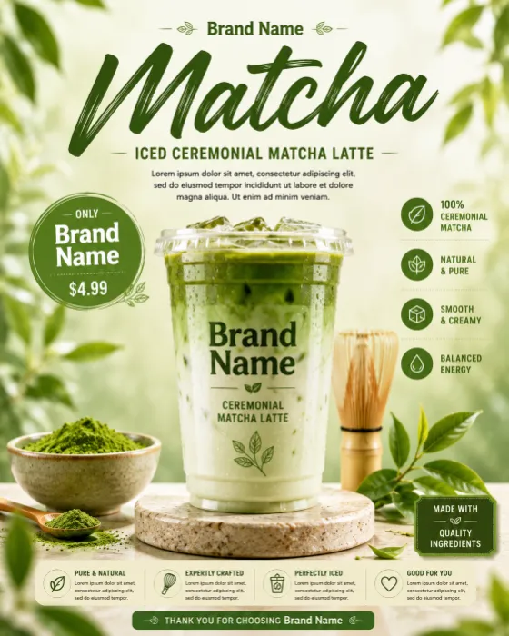 Premium iced matcha latte with botanical styling and ceremonial matcha ingredients in luxury commercial photography.