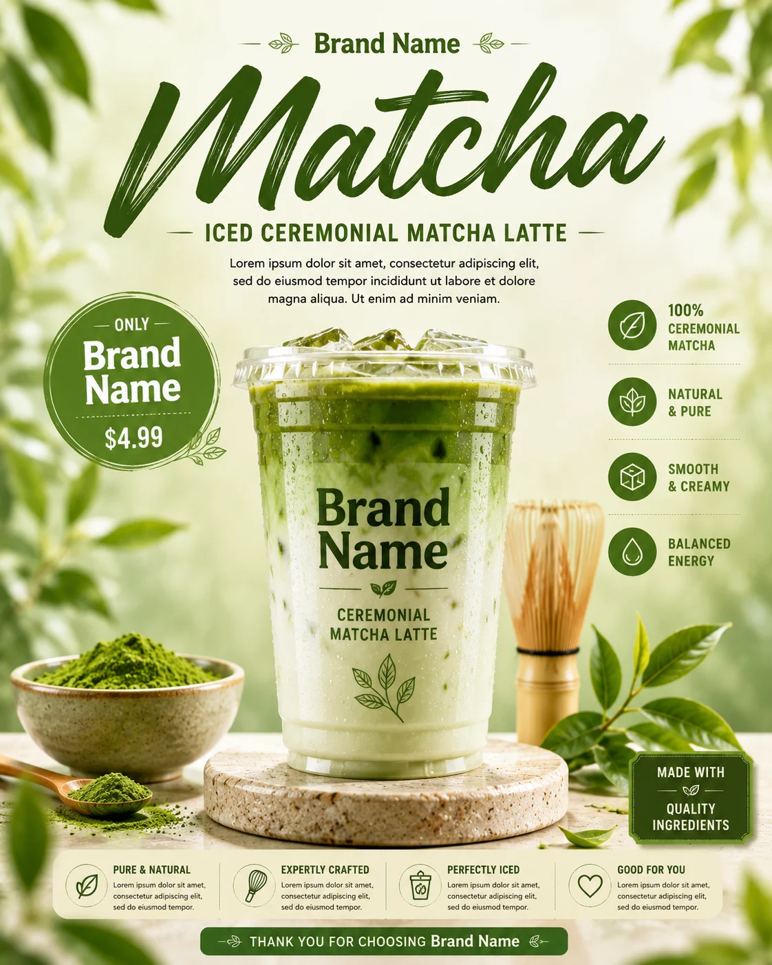 Premium iced matcha latte with botanical styling and ceremonial matcha ingredients in luxury commercial photography.