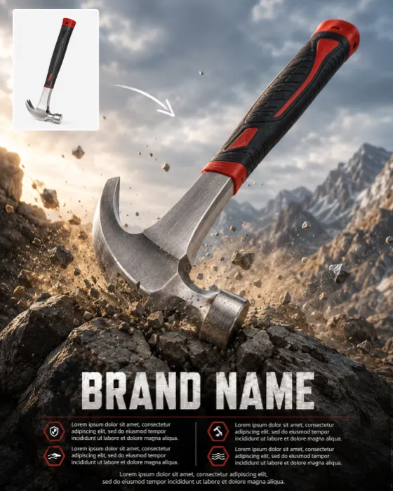 A forged steel claw hammer striking fractured rock in a quarry, with debris and dust in the air.